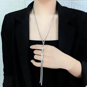 Silver titanium snake chain necklace with adjustable slider and long fringe tassels