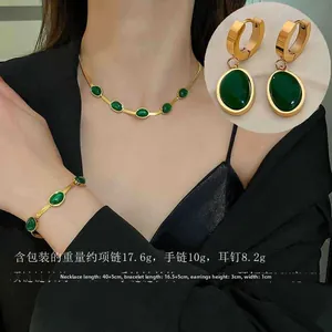 Vintage Titanium Steel Emerald Gemstone Jewelry Set Gold Plated Blade Chain Necklace Bracelet Earrings For Women Luxury Jewelry