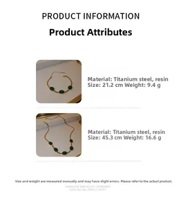 Detailed specs of titanium steel necklace and bracelet set with emerald resin inlay