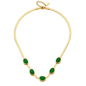 Golden titanium steel snake chain necklace with five oval emerald green gemstones