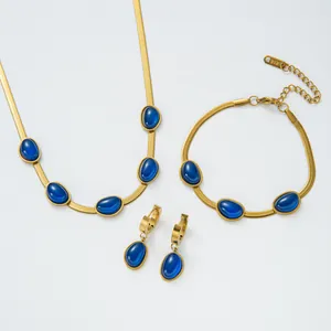 K18 gold snake chain jewelry set with emerald green oval gemstones and earrings