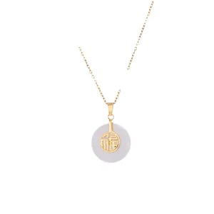 Collier vintage doré avec pendentif en jade lavande Ping'an et caractère chinois Fu