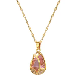 Elegante lila Kristall Tulpen Anhänger Halskette aus goldfarbenem Titanstahl für Damen