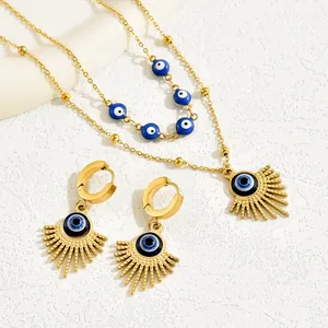 Bohemian Stainless Steel Evil Eye Necklace And Earrings Gold Plated Radiant Sun Pattern Vintage Jewelry For Women