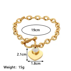 Bracciale a cuore in acciaio al titanio dorato con chiusura a T e catena da 19cm