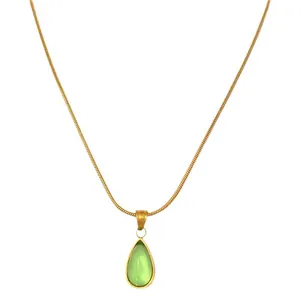 French vintage gold snake chain necklace with green water drop crystal pendant