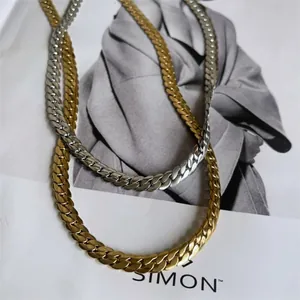 High Polished Stainless Steel Cuban Link Chain Necklace Gold Silver Plated Hiphop Minimalist Chunky Clavicle Chain Jewelry For Women