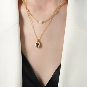 Elegant double-layered titanium steel necklace with pearl and black stone pendant