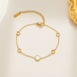 Golden titanium steel necklace with white shell five-petal flower pendants and 18KGP mark