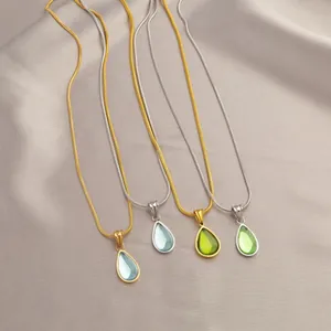French style teardrop necklaces with blue and green crystals on gold and silver snake chains