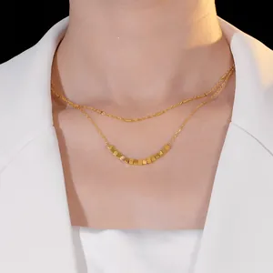 Minimalist double layer beaded gold necklace with geometric square pendants for women