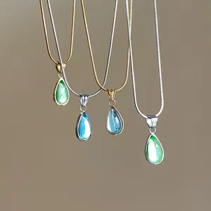 French Vintage Water Drop Pendant Necklace Titanium Steel Glass Crystal Teardrop Choker For Women Elegant Jewelry Gift