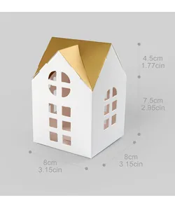 Detailed dimensions of white paper palace gift box with hollow windows and golden roof