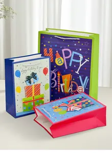 Detailed set of three colorful dinosaur cartoon gift bags with Happy Birthday patterns