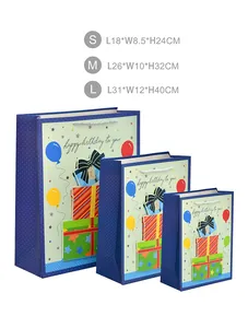 Three sizes of blue birthday gift bags with balloons and happy birthday text
