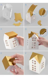 Step-by-step assembly guide for a white castle gift box with a golden roof and cutout details