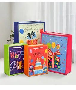 Detailed set of colorful Happy Birthday gift bags with 3D patches and glitter finish
