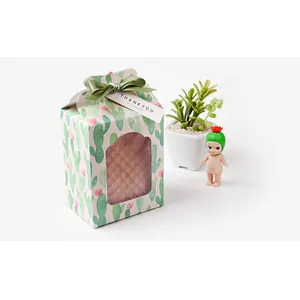 Foldable cactus gift box with transparent PVC window and olive green ribbon decoration