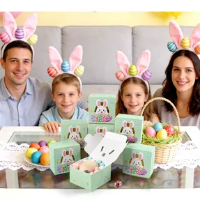 Family at home with green polka dot Easter bunny gift boxes and festive bunny headbands
