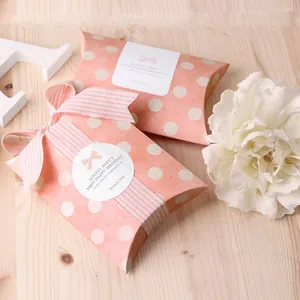 Pink polka dot pillow gift box set with striped ribbon and baby birthday stickers