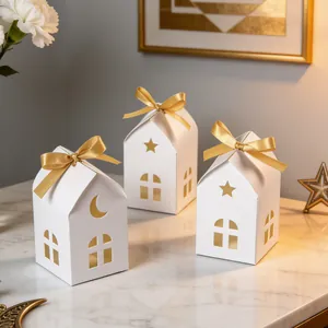 Three hollow house-shaped candy gift boxes with gold ribbons on marble surface