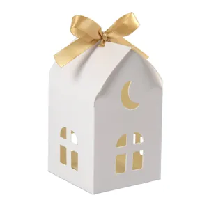 White house shaped hollow gift box with golden satin ribbon bow for candy packaging
