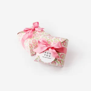 Mini floral square gift boxes with pink satin ribbons and Thank You stickers