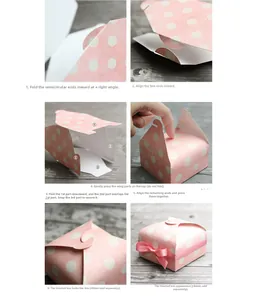 Six-step visual guide for assembling a pink polka dot square paper gift box with ribbon