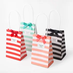 Korean Style Striped White Kraft Paper Mini Gift Bag With Ribbon Bow Thank You Handheld Packaging Bag For Wedding Party Gift Treat Bag