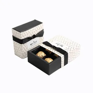 Square drawer gift box with geometric pattern and ribbon for 4 chocolate pralines