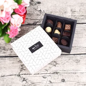 Detail view of a premium 9-compartment chocolate gift box with elegant floral accents