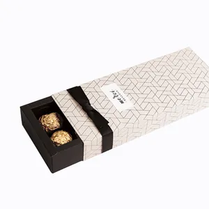 Square chocolate drawer gift box with ivory patterned lid and merci ribbon tag