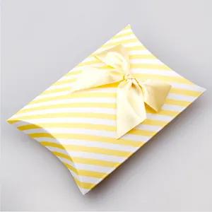 Striped pillow gift box with light yellow satin bow for jewelry packaging