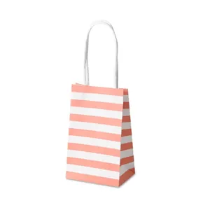 Pink and white striped kraft paper gift bag with durable white twisted rope handles