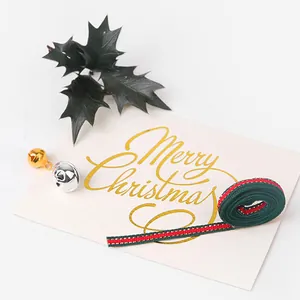 Christmas ribbon 5mm dark green with gold stripes and small metal bells for gift wrapping