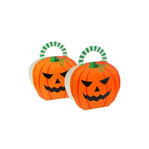 Halloween Kürbis Geschenkboxen mit Jack-O-Lantern Gesichtern und grünen Griffen