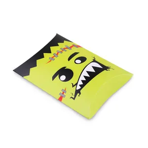 Pillow-shaped Frankenstein Halloween gift box in bright green with cartoon face design