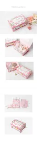 Detailed views of pink floral jewelry gift box with dimensions and gold heart lock