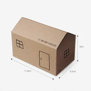 House-shaped kraft paper gift box with fold-over roof design and artistic prints