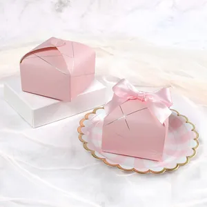 Pink square gift box with silver geometric lines and ribbon for weddings and parties