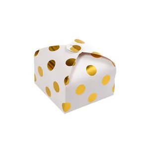 Square white gift box with gold foil polka dots and handle for weddings and luxury favors