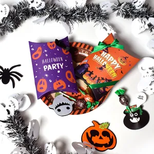 Halloween Party Foldable Pillow Shaped Paper Candy Gift Boxes With Pumpkin Ghost Illustration Pattern For Party Favor Treats