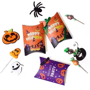 Halloween-themed pillow gift boxes in orange and purple with festive cartoon patterns