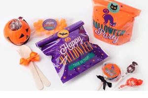 Detail von Halloween Verpackungsset mit orangefarbenen Katzentüten und Kürbisbeuteln