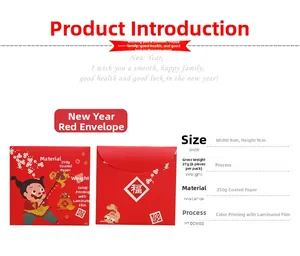 Détails d'enveloppes rouges carrées 9x9cm avec personnages festifs et caractères Fu