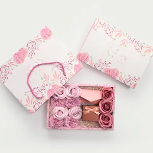 Floral gift box set with soap roses, carnations, envelope, and pink jewelry case