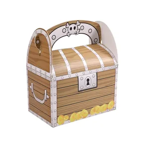 Square wooden pirate treasure chest candy box with golden coin patterns and handle