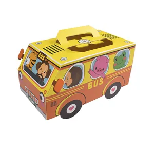 Scatola regalo in carta bus giallo con motivi animali e pratica maniglia per bambini