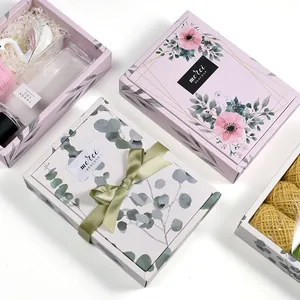 Floral Eucalyptus Folding Cardboard Gift Box For Wedding Party Souvenirs Merci Lettering Rectangular Packaging Box