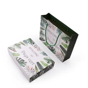 Tropical green leaf baking gift box and matching paper bag set for cookies and snacks